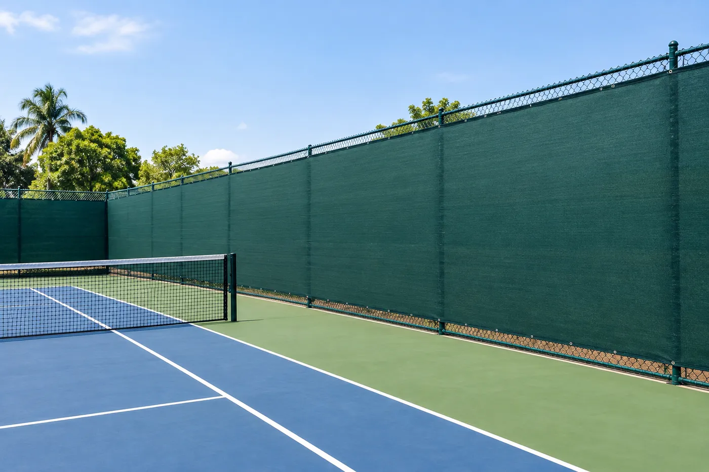 Green privacy shade net fixed to a tennis-court fence